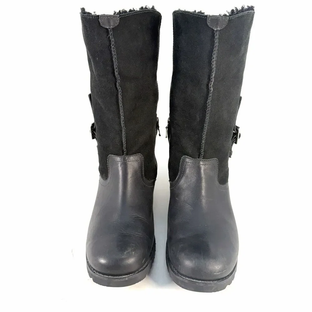 UGG Australia Bellevue Shearling Fold Over Moto Black Leather Boots Sz 10 U.S.